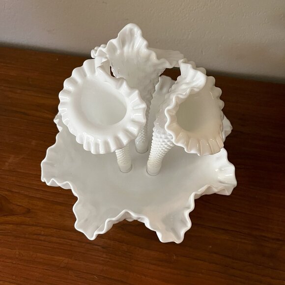 FENTON ART GLASS COMPANY, Hobnail Milk Glass, Epergne Vase Ruffled Bowl